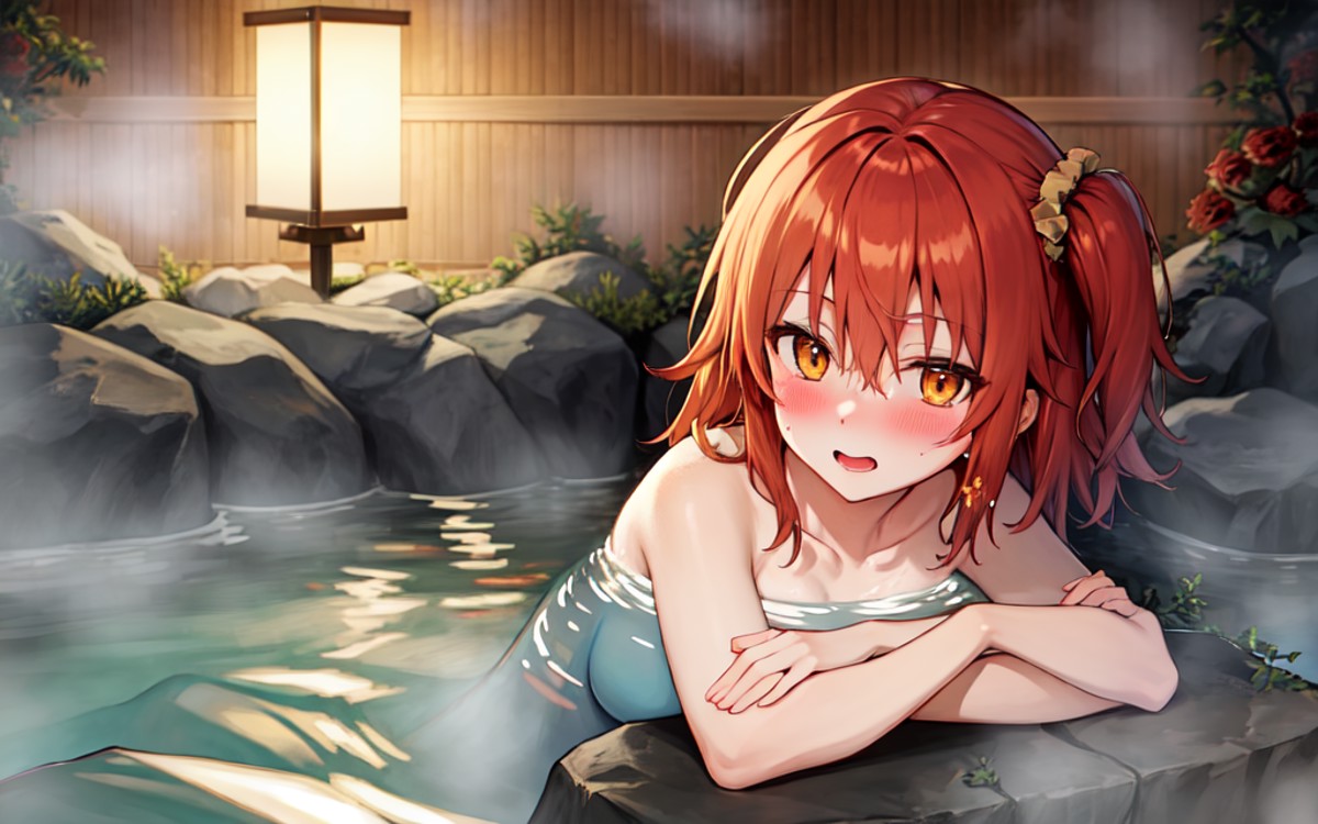masterpiece, best quality, gudako, solo, sexy,  (blush), (((onsen))), ((water)), (partially submerged), (one side up), red...